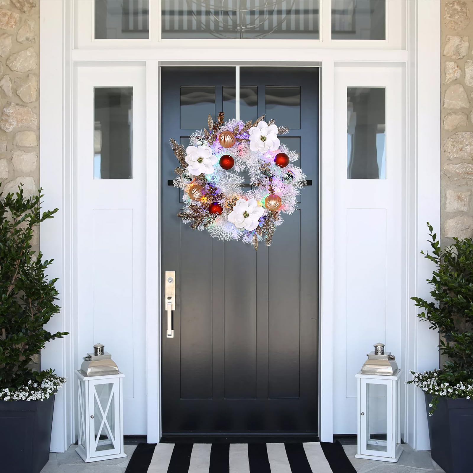 24 Inch White Prelit Artificial Christmas Wreath with 15" Hanger, Color Changing Lights and Timer by Remote Control and Batteries Operated for Front Door Wall Windows Xmas Decoration