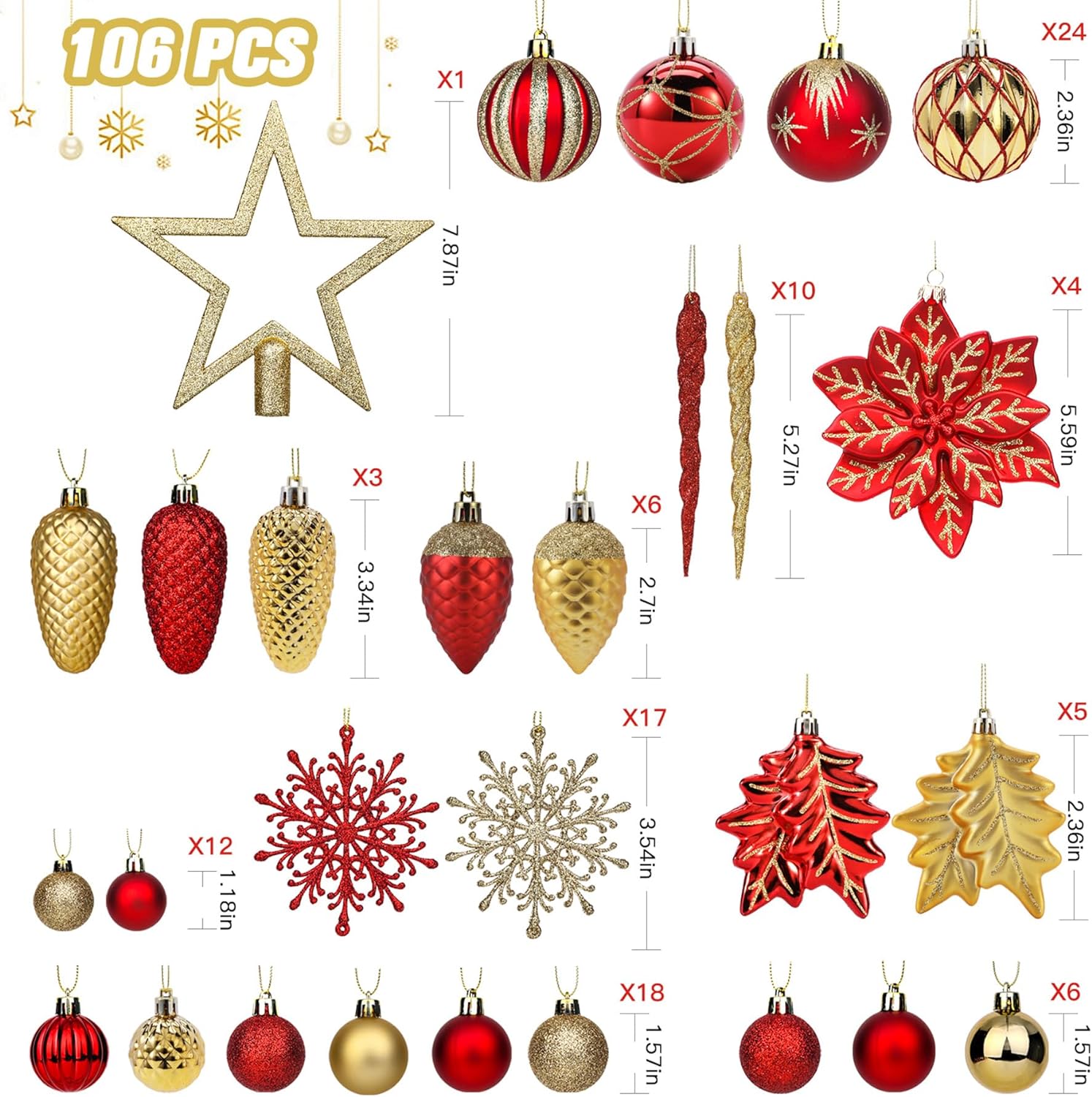 106pcs Red & Gold Christmas Balls Ornaments Set