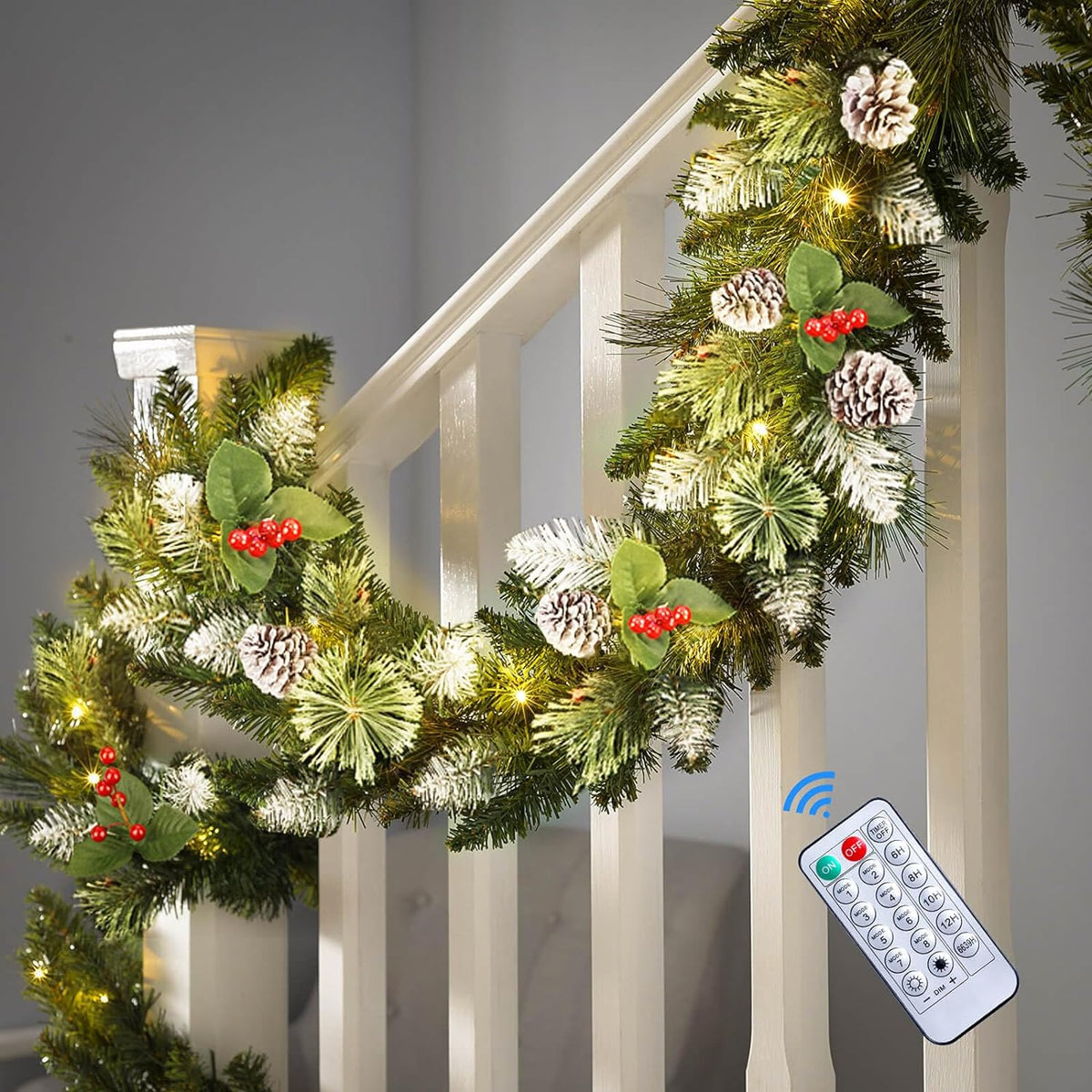 9FT Prelit Artificial Christmas Garland with Color Changing Lights and Timer by Remote Control and Batteries Operated