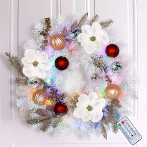 24 Inch Snow Prelit Artificial Christmas Wreath with 15" Hanger, Color Changing Lights and Timer by Remote Control and Batteries Operated for Front Door Wall Windows Xmas Decoration