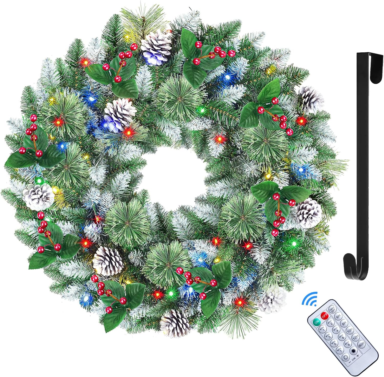 24 Inch Snow Prelit Artificial Christmas Wreath with 15" Hanger, Color Changing Lights and Timer by Remote Control and Batteries Operated for Front Door Wall Windows Xmas Decoration