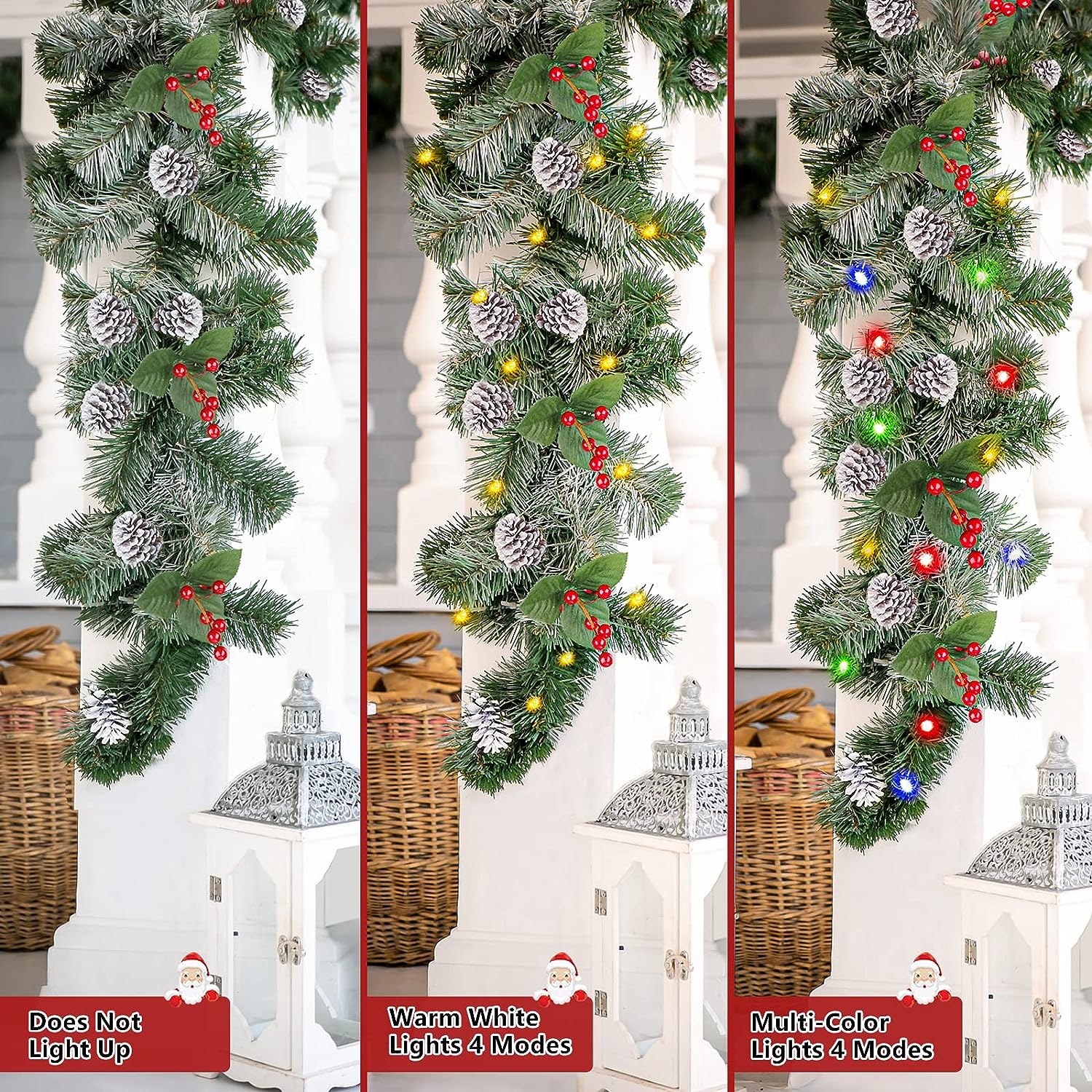9FT Prelit Artificial Christmas Garland with Color Changing Lights and Timer by Remote Control and Batteries Operated