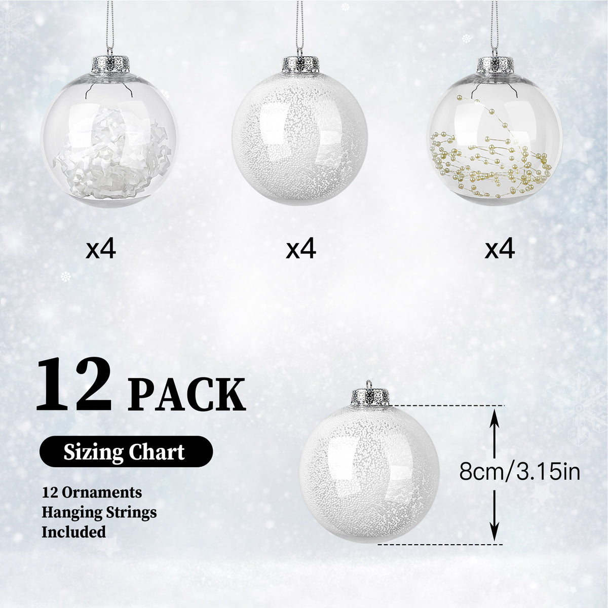 SHareconn 80MM/3.15" Clear Christmas Balls Ornaments,12PCS Shatterproof Plastic Decorative Baubles for Xmas Tree Decor Holiday Party Wedding Decoration