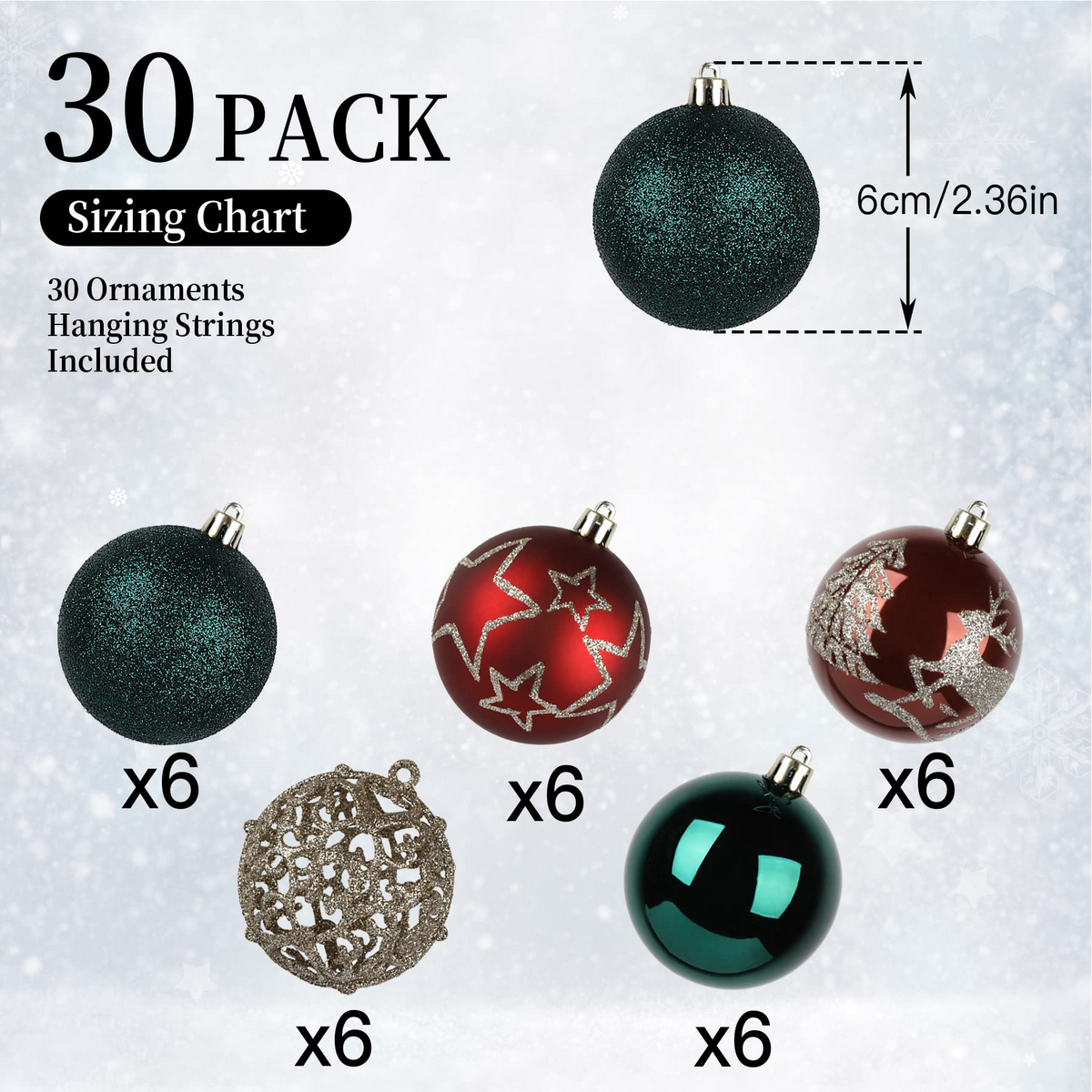 SHareconn 30ct 60mm/2.36" Christmas Balls Ornaments, Shatterproof Plastic Decorative Baubles for Xmas Tree Decor Holiday Wedding Party Decoration with Hooks Included